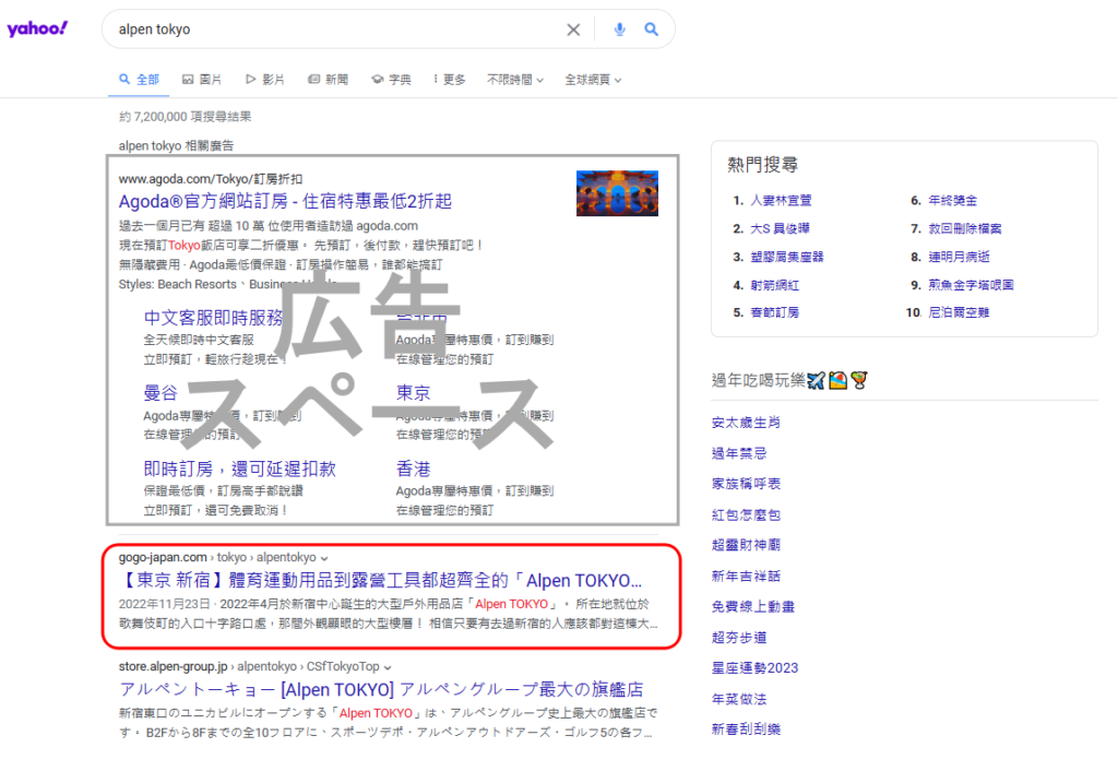 Alpen TOKYO様の作成記事がYahoo台湾の検索結果1位になりました